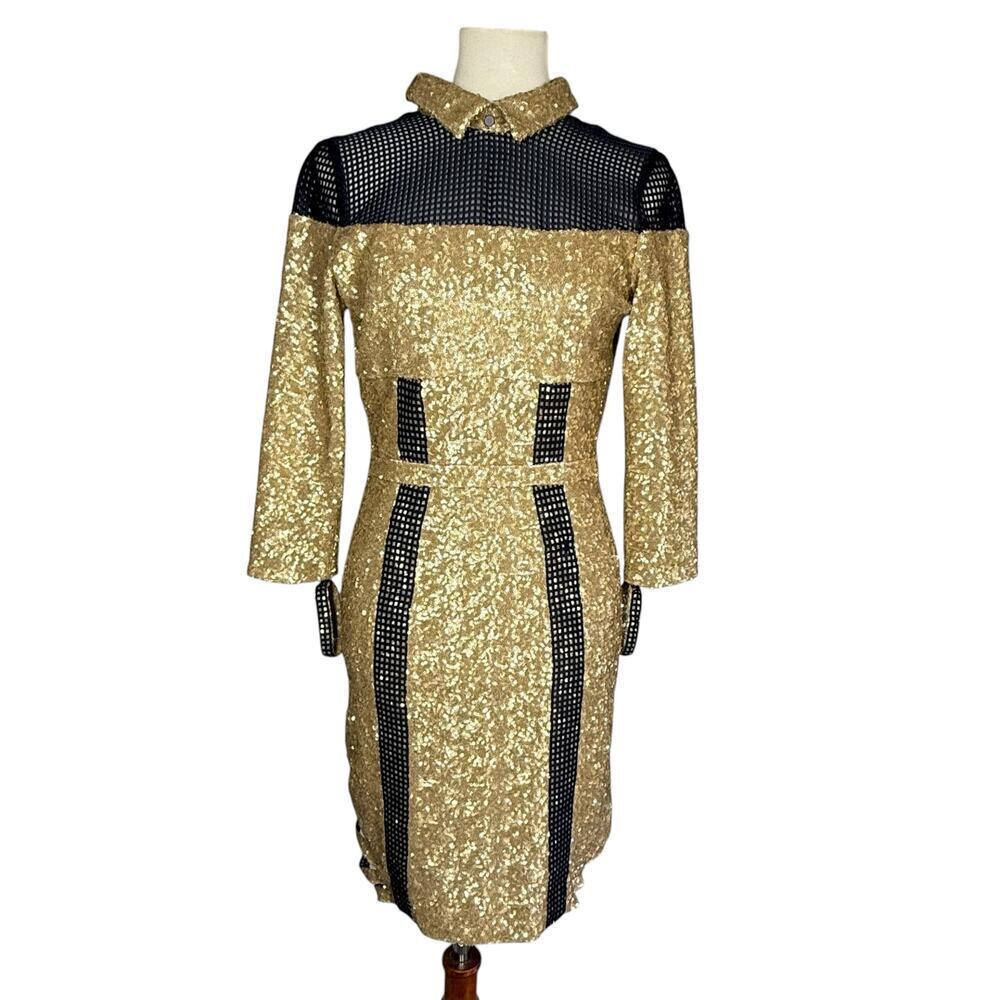 Jinhoy Gold Line Bodycon Sequin Navy Mesh Strap Dress XS